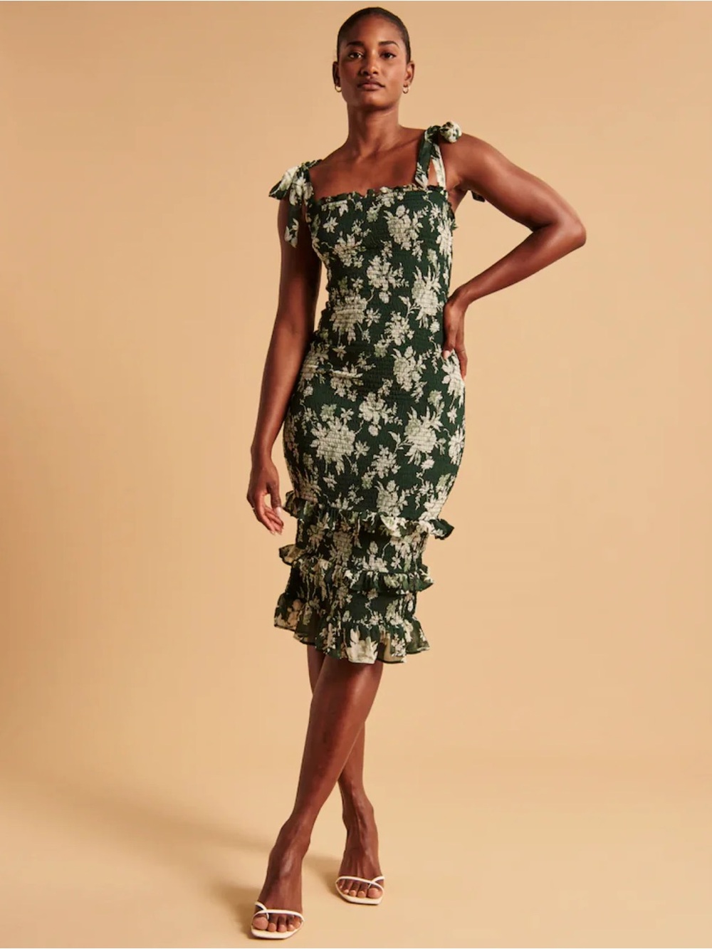 Abercrombie & Fitch Tie-Strap Smocked Midi Dress In Floral Green White Small